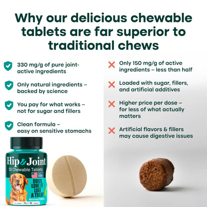 Natureflow Hip & Joint Supplement for Dogs, 300mg Green-Lipped Mussel for Dog Arthritis Pain Relief, Glucosamine, MSM & Chondroitin, Zero Sugar, Large Medium Small Breeds, 50 Chewable Tablets