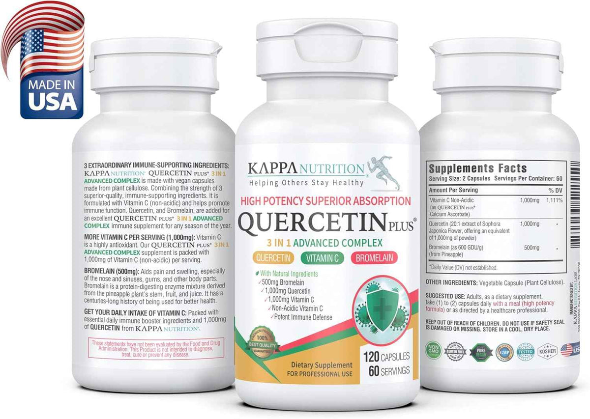 QUERCETIN PLUS, Quercetin 1,000mg, Bromelain 500mg and Vitamin C 1,000mg, (120 Capsules), 3 in 1 from Bioflavonoids, Supports Immune, Cardiovascular & Respiratory Health, Seasonal Allergy Relief.