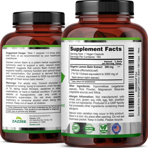 Zazzee Organic Lemon Balm 10:1 Extract, 180 Vegan Capsules, 6 Month Supply, Melissa Officinalis, Calm, Mood, Stress & Relaxation Support, Herbal Supplement, All-Natural, Non-GMO, Made in the USA
