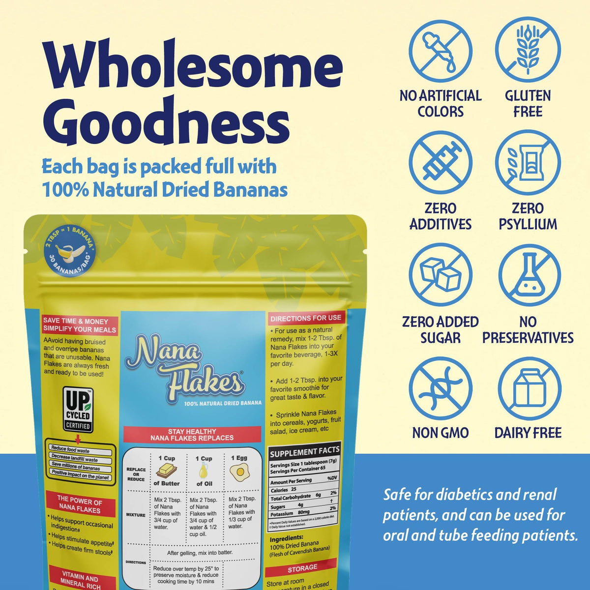Nana Flakes 100% Pure Banana Flakes Food Powder - Natural - Great Source of Potassium & Fiber (Banana, One Pound Bag)