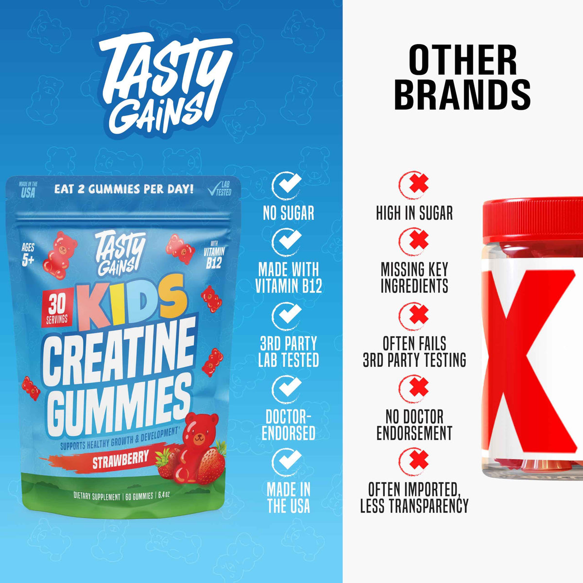 TASTY GAINS Kids & Teen Creatine Gummies with Vitamin B12 for Growth Support, Easy Chew Daily Supplement, Gummy Vitamins for Kids and Teens, Ages 5+