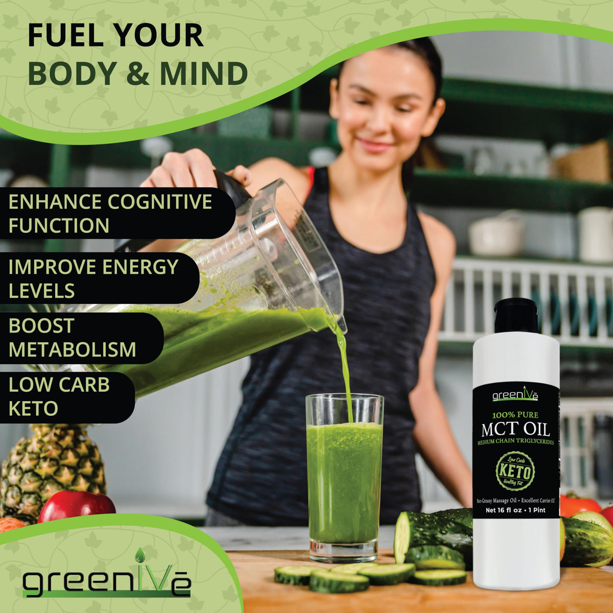 GreenIVe MCT Oil 100% Pure C8 C10 Caprylic Capric Acid Non-GMO Keto Paleo Bulletproof Coffee Creamer Energy Fuel Carrier Oil Skin Hair Massage Oil Fractionated Coconut Oil Alternative 16 fl oz