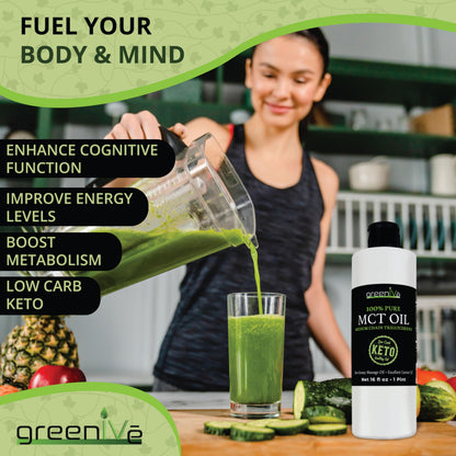 GreenIVe MCT Oil 100% Pure C8 C10 Caprylic Capric Acid Non-GMO Keto Paleo Bulletproof Coffee Creamer Energy Fuel Carrier Oil Skin Hair Massage Oil Fractionated Coconut Oil Alternative 16 fl oz