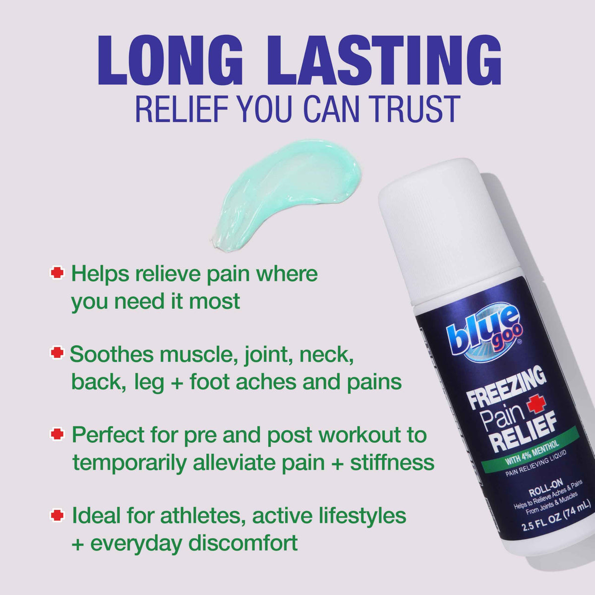 Blue Goo Pain Relieving Menthol Roll On - for Back, Neck, Muscle and Joint Pain, Sprains and Strains, Fast-Acting Soothing Cooling Pain Relief Liquid with 4% Menthol, 2.5 oz (3 Pack)
