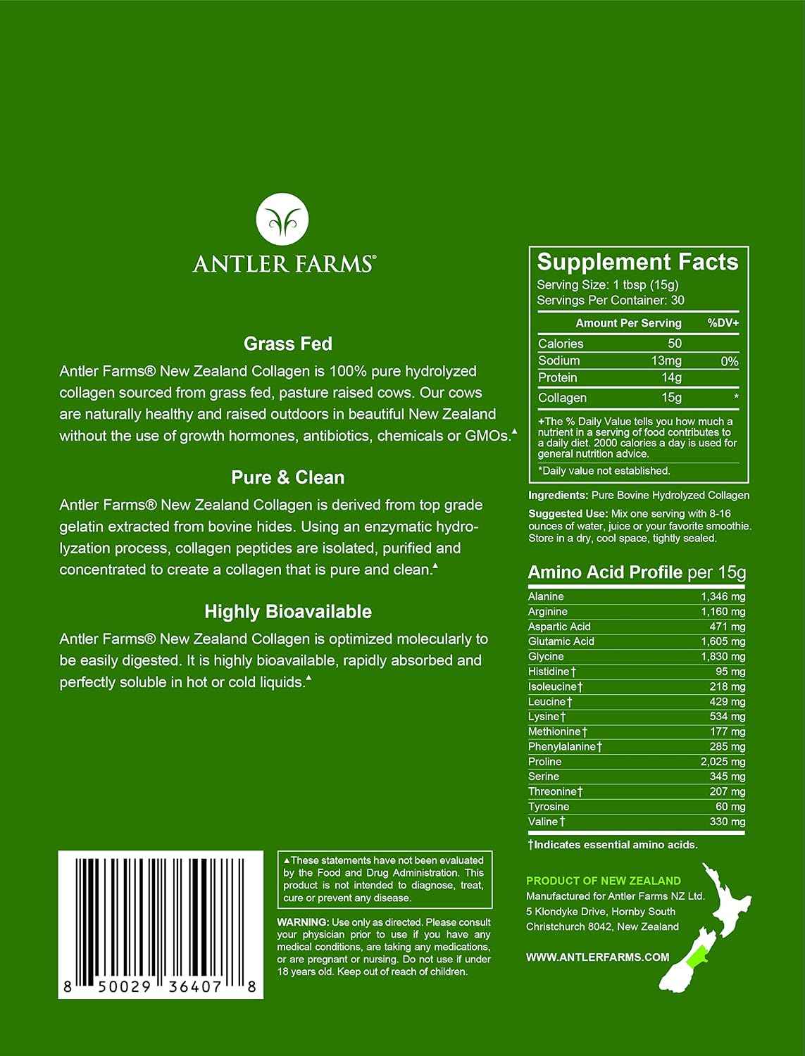 Antler Farms New Zealand Collagen Powder - Grass Fed, Unflavored, 1 lb - 100% Pure Hydrolyzed Collagen Peptides Powder, Cold Water Soluble Peptide, Keto Friendly, Bioavailable, Quick Dissolving