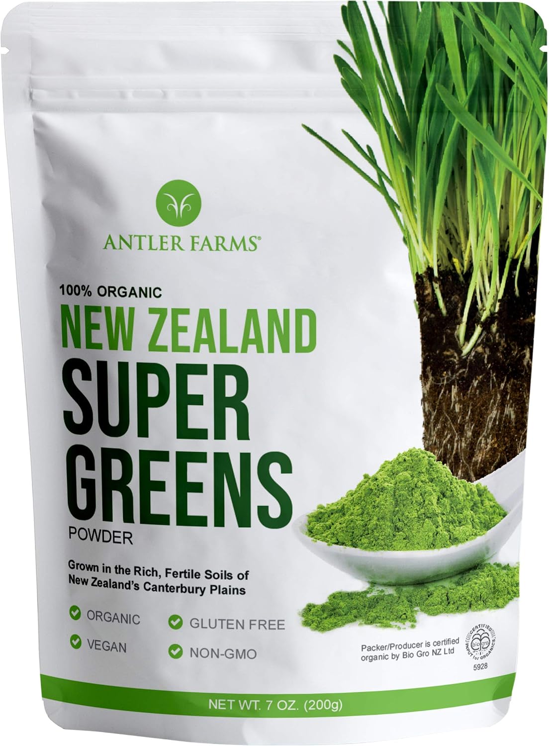 Antler Farms New Zealand Super Greens Powder - Organic, 40 Servings, 200g - 100% Pure, Wheat Grass, Barley Grass, Chlorella, Spirulina - Vegan, Gluten Free, Chlorophyll Rich, for Energy and Detox
