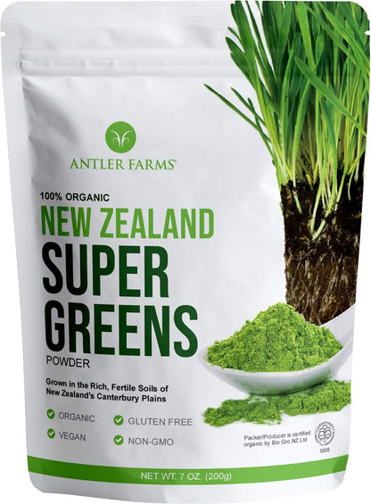 Antler Farms New Zealand Super Greens Powder - Organic, 40 Servings, 200g - 100% Pure, Wheat Grass, Barley Grass, Chlorella, Spirulina - Vegan, Gluten Free, Chlorophyll Rich, for Energy and Detox
