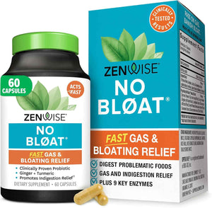 Zenwise Health No Bloat Digestive Enzymes Probiotics Bloat Relief - 60 CT - Bloating Relief, Capsules, Debloat, Digestive Enzymes + Probiotics, Dandelion, Lactase, Ginger, Turmeric, Vegetarian, Women