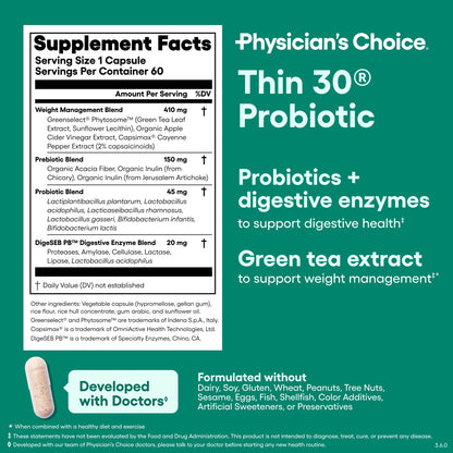 Physician's CHOICE Probiotics for Weight Management & Bloating, 30ct - 6 Probiotic Strains, Prebiotics, Cayenne, & Green Tea for Gut Health, Bloating Relief, & Weight Management for Women & Men