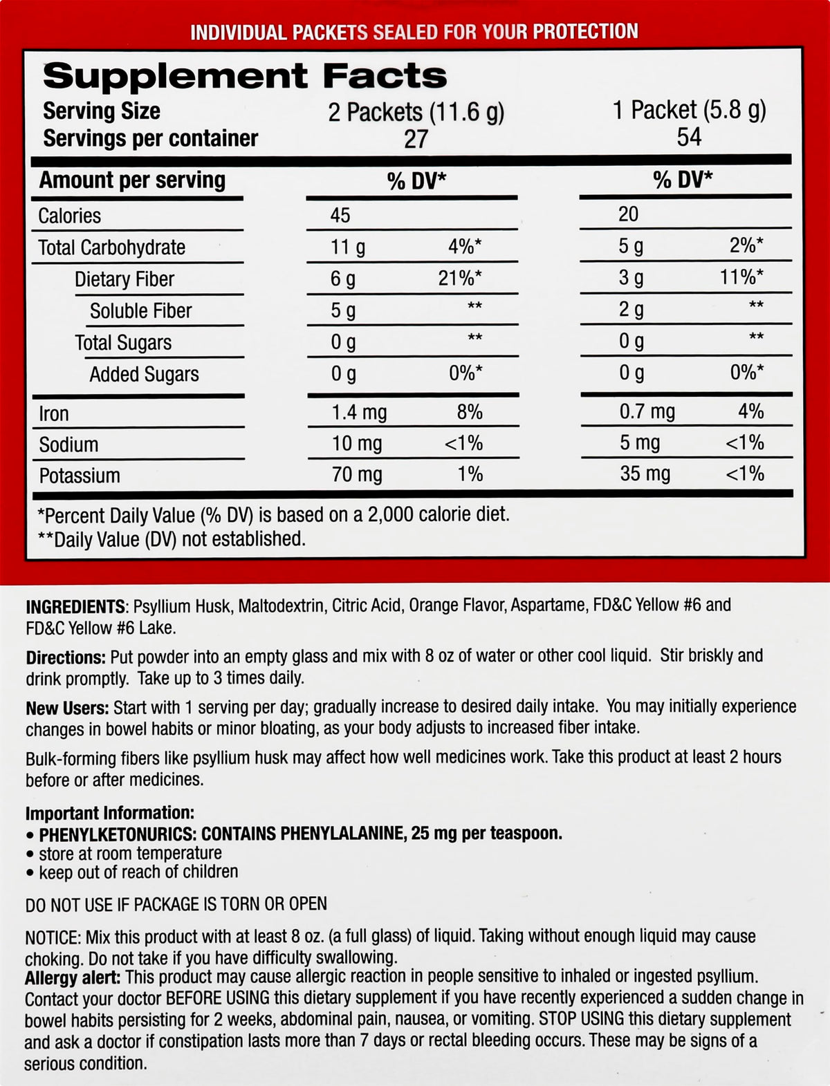 Leader Psyllium Husk Powder Supplement 4-in-1 Fiber, Orange, 54 Packets
