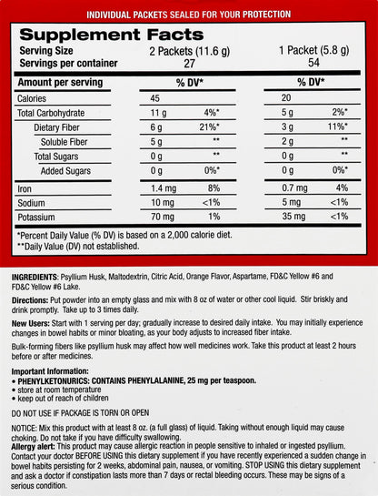 Leader Psyllium Husk Powder Supplement 4-in-1 Fiber, Orange, 54 Packets