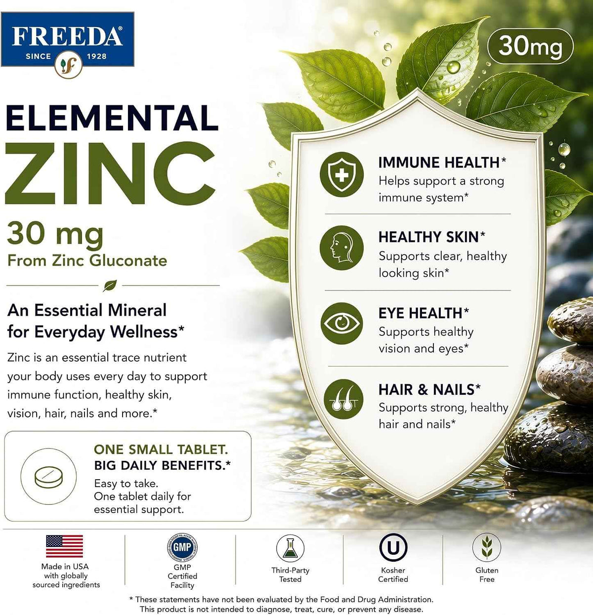 FREEDA Elemental Zinc 30mg - Vegan Immune, Skin & Eye Support - 100 Tabs - Tiny Easy-to-Swallow Tablets Made with Zinc Gluconate - Gluten-Free, Kosher, and Made in USA GMP-Compliant Facilities
