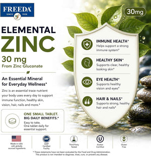 FREEDA Elemental Zinc 30mg - Vegan Immune, Skin & Eye Support - 100 Tabs - Tiny Easy-to-Swallow Tablets Made with Zinc Gluconate - Gluten-Free, Kosher, and Made in USA GMP-Compliant Facilities