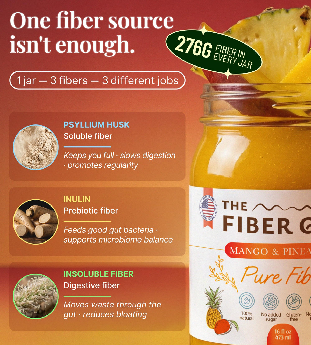 The Fiber Gel High Dietary Fiber Prebiotic Gel Formula — 100% Natural & Clean Label — Plant-Based Psyllium Husk & Inulin Complex — Keto Friendly, Vegan, No Added Sugar — Mango&Pineapple, 16 oz
