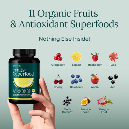 USDA Organic Fruits and Veggies Supplement, 31 Whole Foods, 180 Vegan Ct - Food berry & greens supplements blend for energy, immune & digestive support, vegan, non-GMO, gluten free, third-party tested