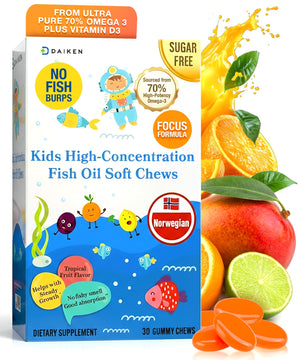 DAIKEN High Concentration Kids Fish Oil Omega-3 Gummies, No Sugar Added, Individually Wrapped, 300 mg Omega-3 (DHA & EPA) with Vitamin D3 for Kid, 30 Count, Tropical Fruit Flavor, Norwegian Sourced