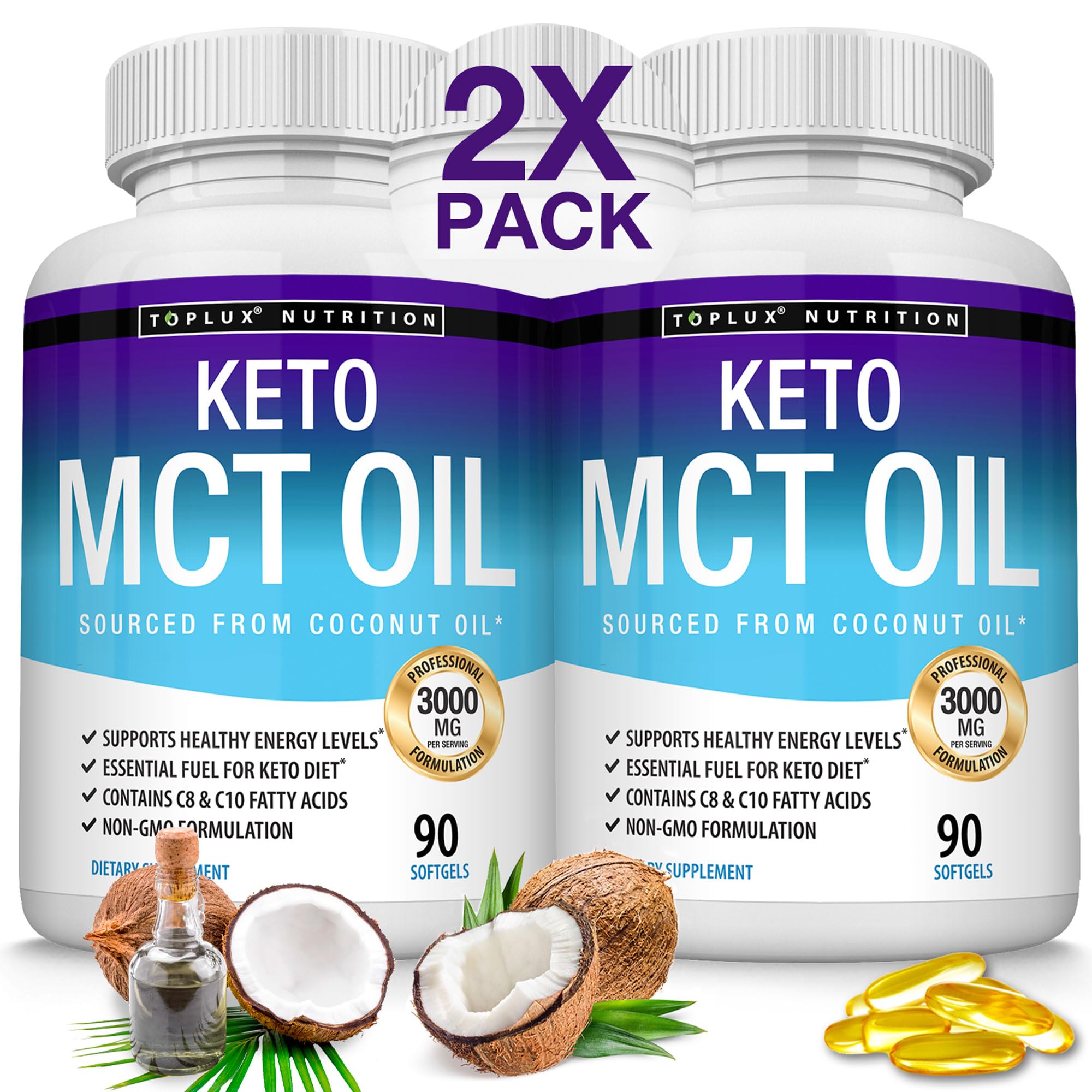 Toplux Keto MCT Oil Capsules - 3000mg Natural Pure Coconut Oil Extract Pills, Source of Energy, Easy to Digest for Men Women, 90 Softgels, Supplement