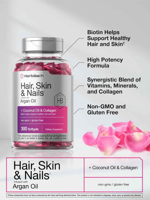 Horbäach Hair Skin and Nails Vitamins - 300 Softgels - with Biotin and Collagen - Infused with Argan Oil and Coconut Oil