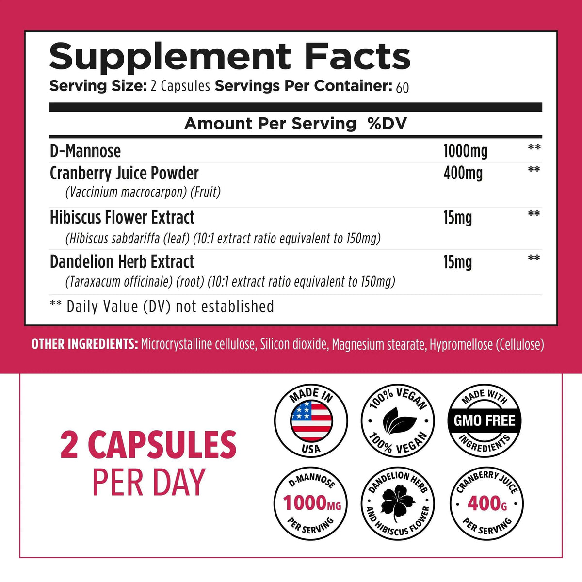 Plantvital D Mannose Capsules with Cranberry - D-mannose 1000mg Capsules - High Potency for Bladder, Kidney and Urinary Tract Support. Cranberry Powder with Hibiscus and Dandelion. 2 Months Supply