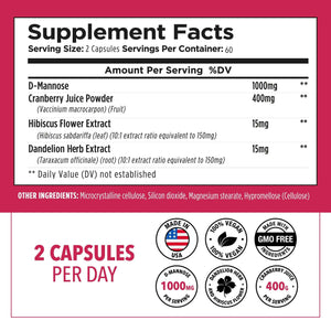 Plantvital D Mannose Capsules with Cranberry - D-mannose 1000mg Capsules - High Potency for Bladder, Kidney and Urinary Tract Support. Cranberry Powder with Hibiscus and Dandelion. 2 Months Supply
