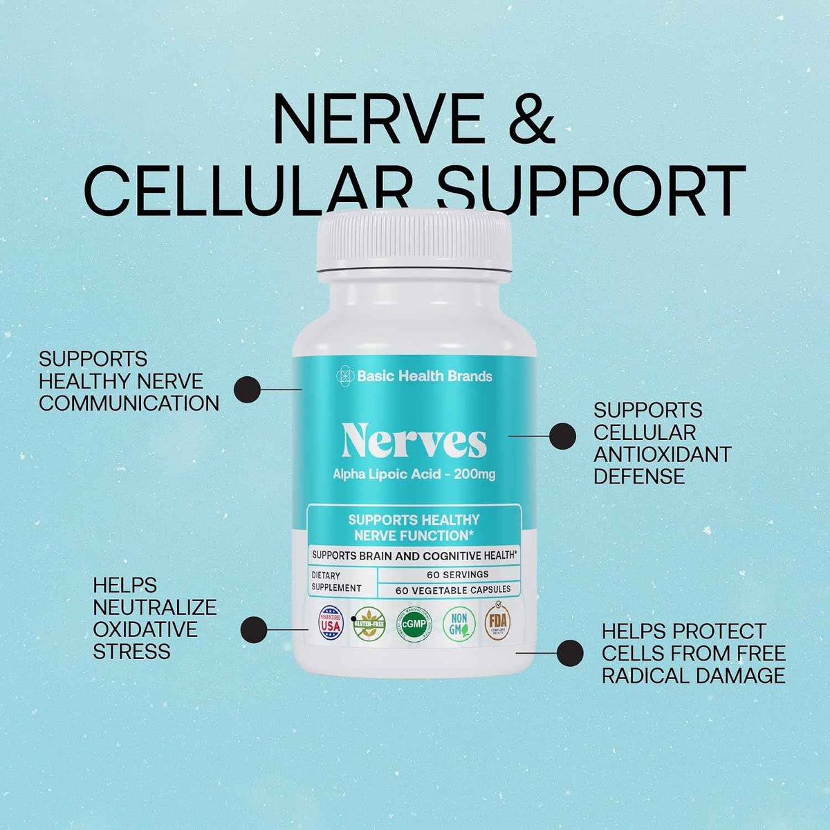 Basic Brands Nerves Alpha Lipoic Acid, 200 mg 1 Pack - Antioxidant, Immune Support, Eye Health Support, Heart Health Support, Nerve Health