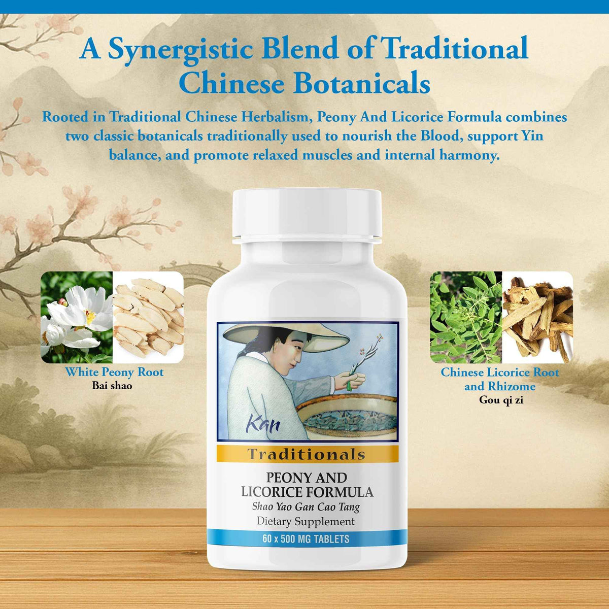 Kan Herbs Company Peony & Licorice Formula Tablets - Traditional Chinese Herbal Blend with White Peony Root & Chinese Licorice to Support Liver Balance, Muscle Comfort & Digestive Harmony, 60 Tablets