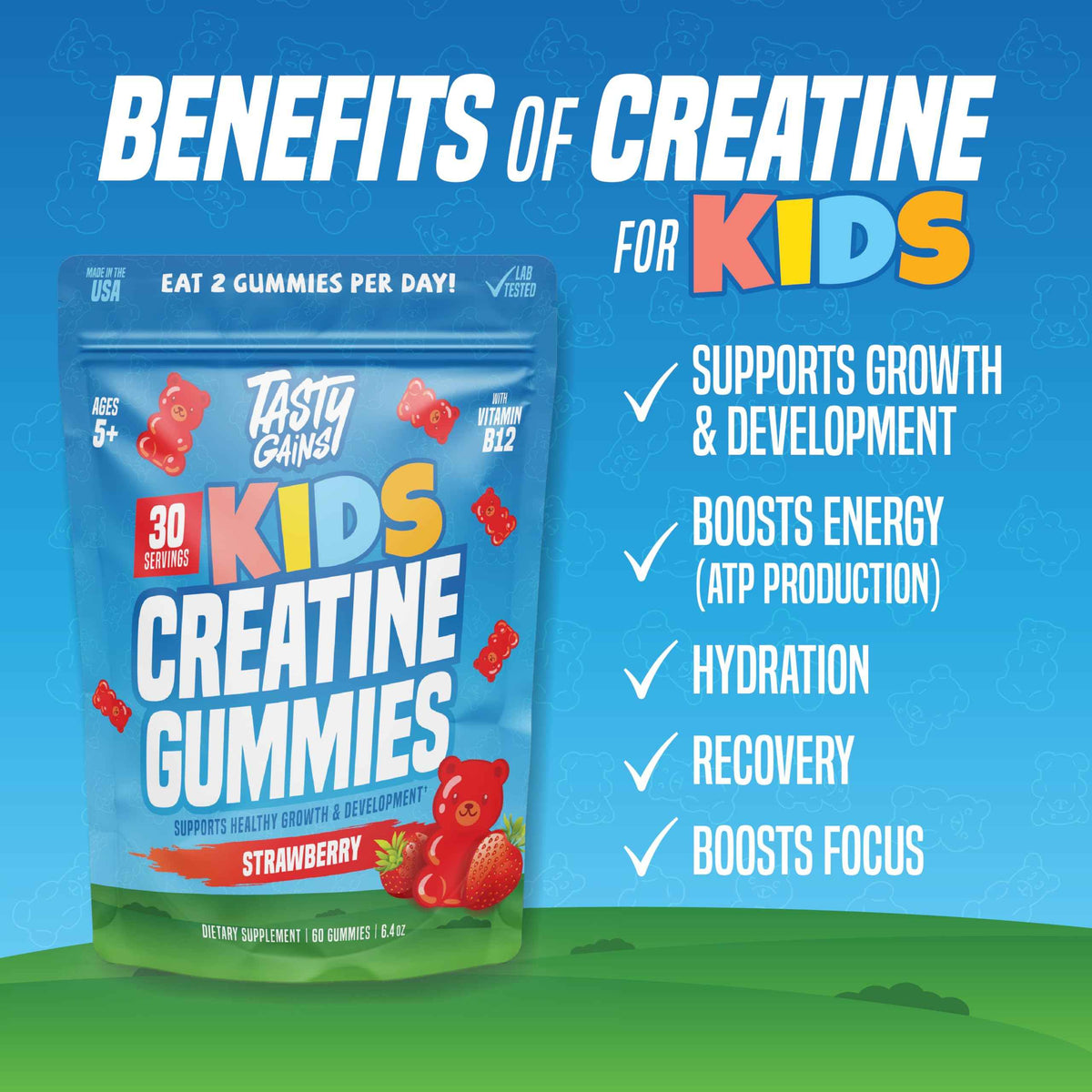 TASTY GAINS Kids & Teen Creatine Gummies with Vitamin B12 for Growth Support, Easy Chew Daily Supplement, Gummy Vitamins for Kids and Teens, Ages 5+