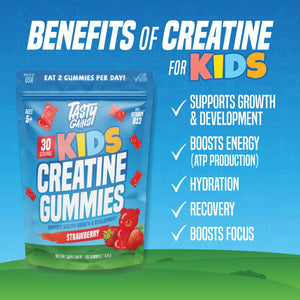 TASTY GAINS Kids & Teen Creatine Gummies with Vitamin B12 for Growth Support, Easy Chew Daily Supplement, Gummy Vitamins for Kids and Teens, Ages 5+