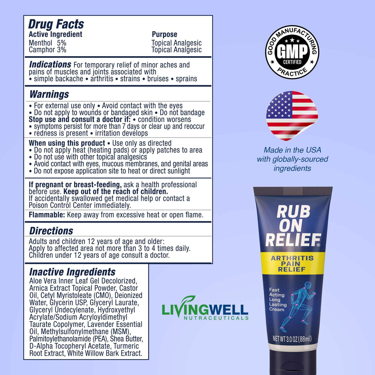 RUB ON RELIEF Arthritis Pain Relief Cream - 10-in-1 Non-Greasy Joints Pain Cream for Knees, Back, Neck, Hands, & Muscle Aches with Menthol, Camphor, Arnica, MSM & Turmeric Up to 8 Hours, 3oz (1 Pack)