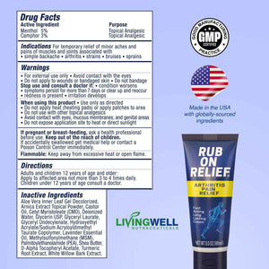 RUB ON RELIEF Arthritis Pain Relief Cream - 10-in-1 Non-Greasy Joints Pain Cream for Knees, Back, Neck, Hands, & Muscle Aches with Menthol, Camphor, Arnica, MSM & Turmeric Up to 8 Hours, 3oz (1 Pack)