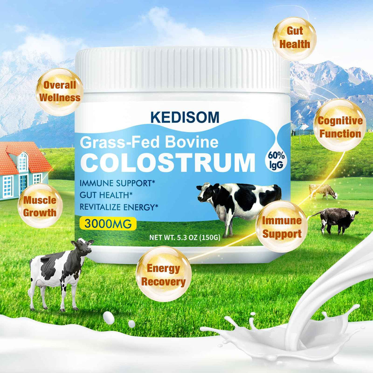 KEDISOM Grass-Fed Bovine Colostrum Supplement Powder - 60% High IgG 3000 mg for Gut Health, Immune Support - Easy to Mix Natural Liposomal Colostrum Superfood, Unflavored, 50 Servings