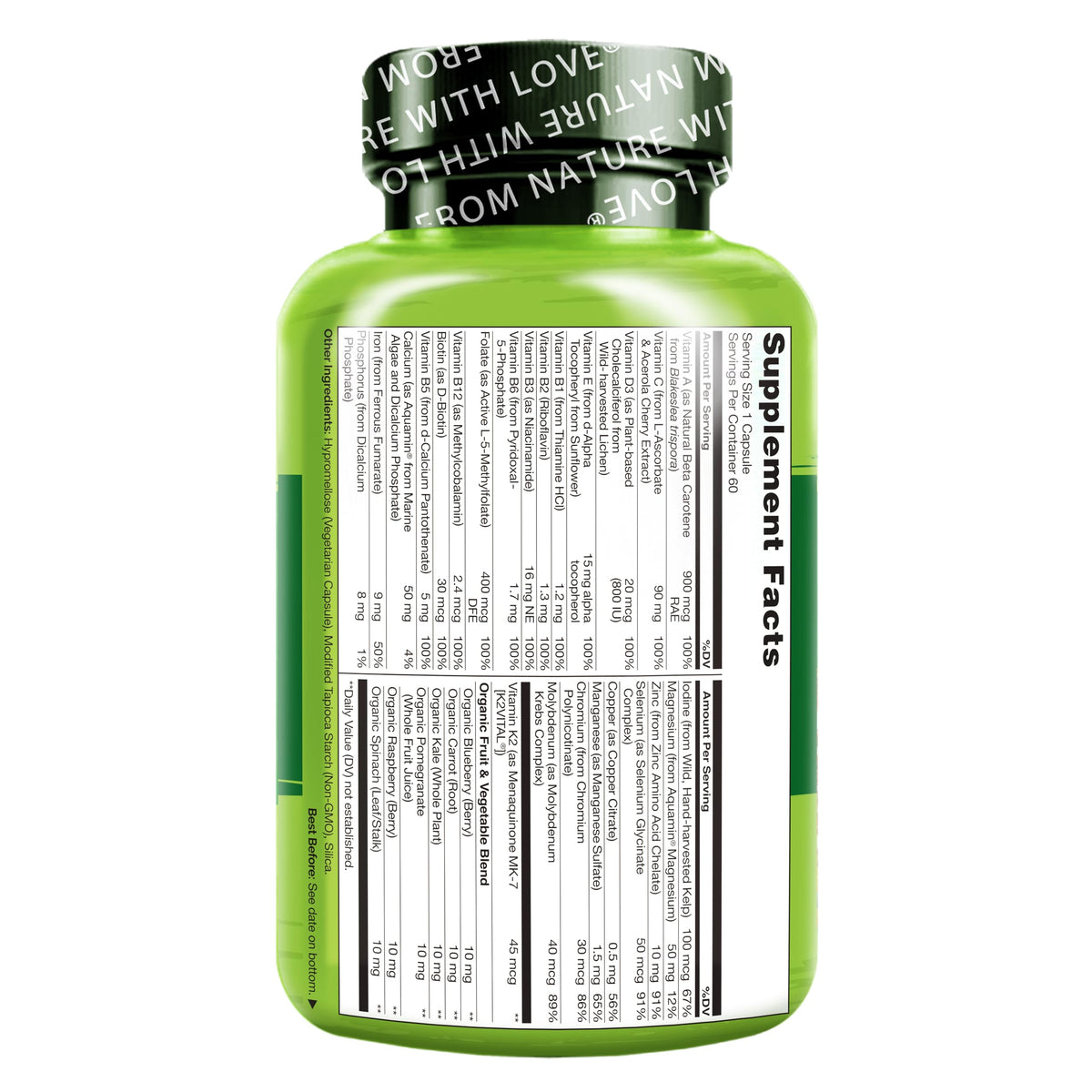 NATURELO One Daily Multivitamin for Women w/Vitamin B12, 60 Ct, Energy Support, Whole Food Daily Women Multivitamin Supplement, Nourish Hair/Skin/Nail, Non-GMO, No Soy, Gluten Free, 2 Month Supply