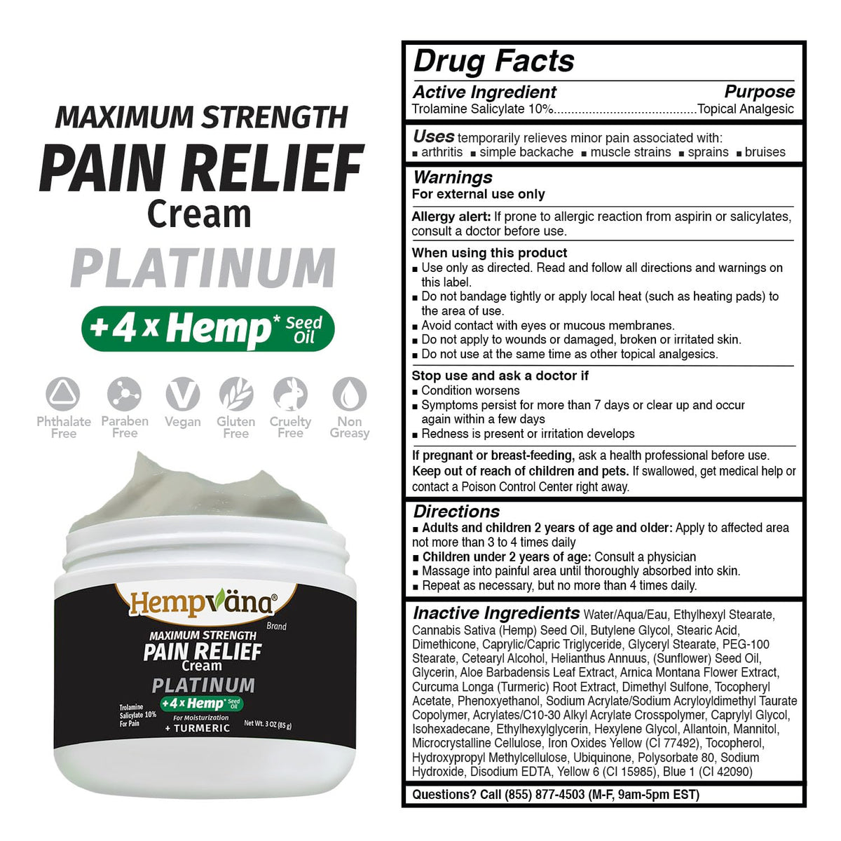Hempvana Platinum Maximum Strength Relief Cream 4X Hemp for Muscles, Joints, Back, Knees, Shoulders, Neck, Elbows, Hands, Feet. AS SEEN ON TV. Odor-Free, Non-Greasy, Quickly Absorbs, 4X More Hemp