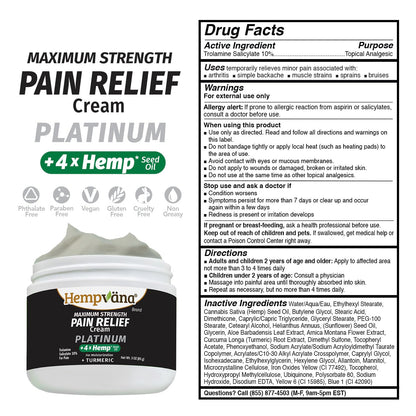 Hempvana Platinum Maximum Strength Relief Cream 4X Hemp for Muscles, Joints, Back, Knees, Shoulders, Neck, Elbows, Hands, Feet. AS SEEN ON TV. Odor-Free, Non-Greasy, Quickly Absorbs, 4X More Hemp