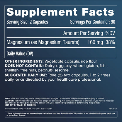 ProHealth Pure Magnesium Taurate, 160mg per Serving - Optimal Bioavailability Supplement for Healthy Aging - Supports Brain, Heart, and Muscle Health - Third-Party Tested for Quality - 180 Capsules