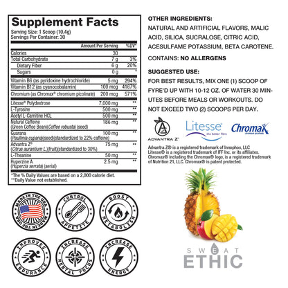Sweat Ethic FYRE’D UP Energizing Appetite Suppressant, 200MG Natural Caffeine, Supports Active Lifestyle & Craving Control, Easy-Mix Powder for Pre Workout Energy, Mango Pineapple Flavor, 30 Servings