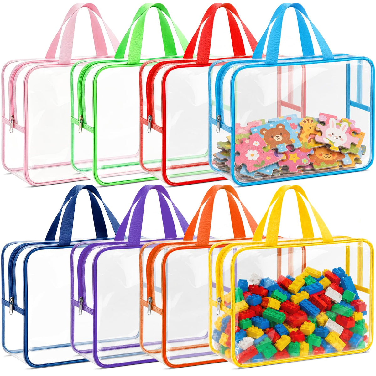 Etbndta 8 Pack Clear Toy Storage Bags with Zipper, Large Capacity PVC Plastic Toy Organizers and Storage for Puzzles, Lego Blocks, Board Game, Magnatiles, Stackable Bags with Labels for Home, Travel