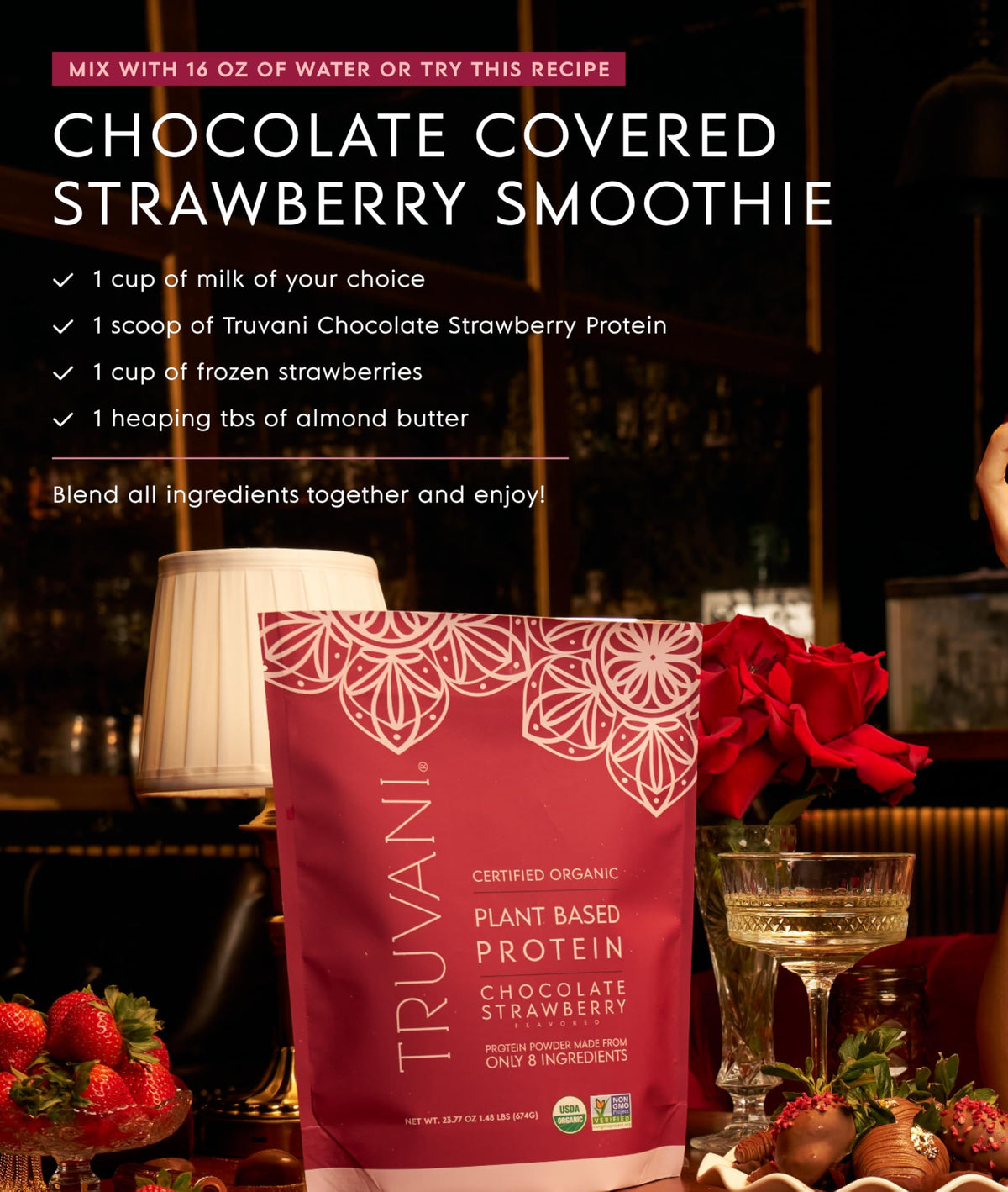 Truvani Organic Plant Based Protein Powder - Strawberry - 10 Servings - Vegan - 20g Pea Protein - Single Serving Travel Packets - Keto - Gluten & Dairy Free - Low Carb
