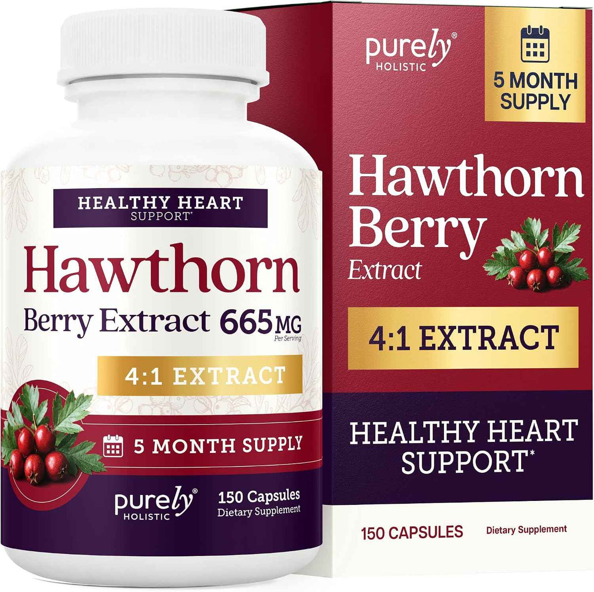 Hawthorn Berry Supplement, 5 Month Supply, Powerful 4:1 Hawthorn Extract - High Strength Hawthorne Berries, Cardiovascular Health Support, Hawthorne Berry Supplement, Vegan & Non-GMO, 150 Capsules