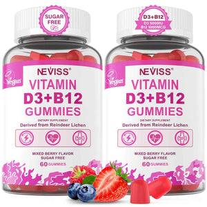 NEVISS 2Pack Vegan Vitamin D3 + Vitamin B12 Gummies, High Potency D3 5000IU & 1000 mcg Methylated B12, Vitamin D3 and B12 for Adults, Support Bone Health, Immune & Energy Supplement, 120 Count