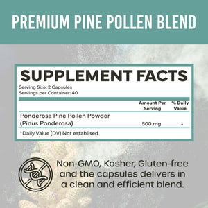 Holistic Bin Pine Pollen Capsules 500mg (Pinus Ponderosa) - Wild Harvested California Ponderosa Pine Pollen Powder - Olympic Grade - Organic, Non-GMO, No Fillers - 30 Day Supply (40 Capsules) Holistic BinBuy Supplements Australia