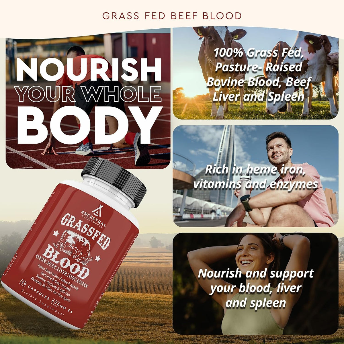 Ancestral Supplements Blood Health Supplement, Organ Formula, 500mg, 180 Ct - Beef blood, spleen and liver supplement supports red and white blood cell formation, immune health and heart health together.