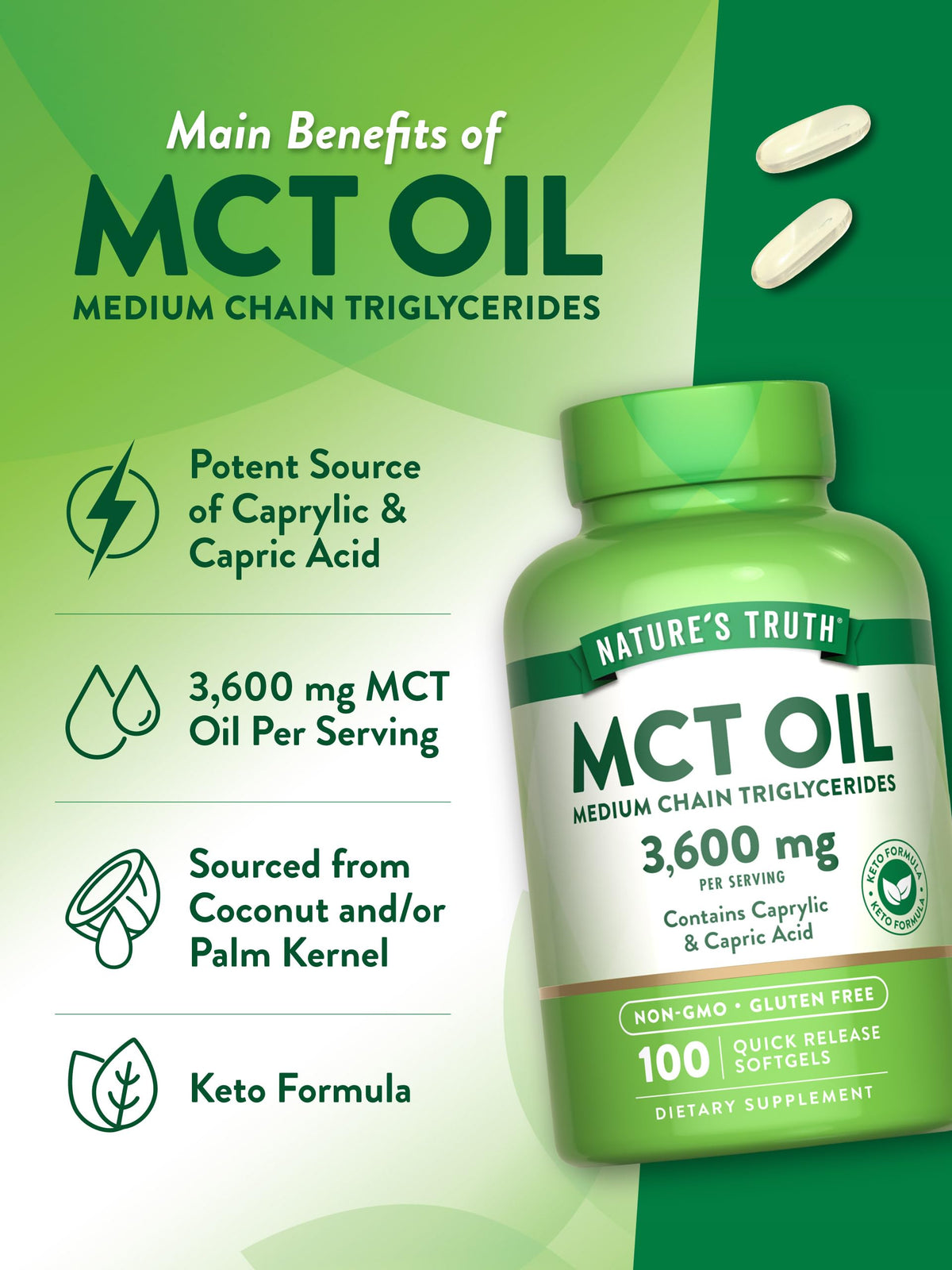 Nature's Truth MCT Oil Pills | 3600mg | 100 Softgels | Keto Friendly