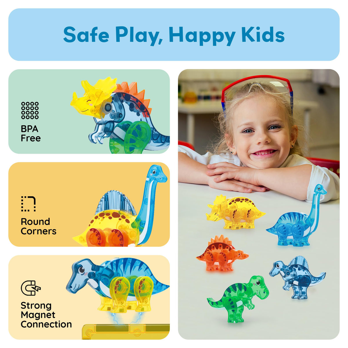 PicassoTiles Dinosaur Magnetic Tiles Accessory Set Mix and Match Dino Figure Parts for STEM Magnet Tile Construction Building Blocks Sets Creative Pretend Play Educational Toy for Kids Ages 3+ PTA28