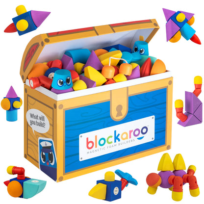 Blockaroo Magnetic Foam Building Blocks - 100-Piece Set with Storage Chest, Bath Toys for Toddlers, Preschool Toys, Sensory Toys, Blocks for Toddlers 3-5, Engineering Toys for Kids 3-5