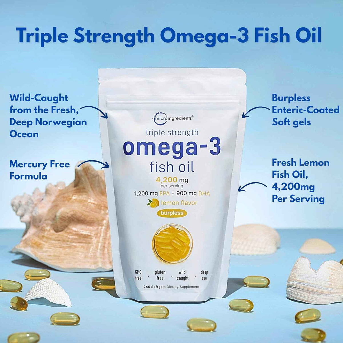 Micro Ingredients Omega-3 Fish Oil 4,200mg Softgels & Mega Probiotics 200 Billion CFU Veggie Capsules - 2 Pack Bundle - Wild-Caught, Burpless, Lemon Flavor - 40 Strains + Inulin, Acacia, & Bromelai