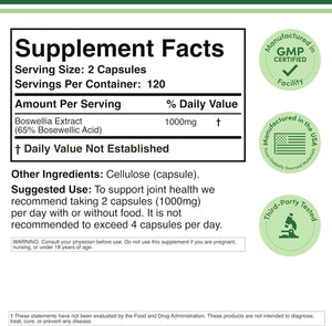Boswellia Serrata - 240 Capsules (Max Strength 1,000mg of 65% Boswellic Acid Extract) Boswellia Extract Capsules (Joint Support Supplement for Joint Health) Third Party Tested by Double Wood