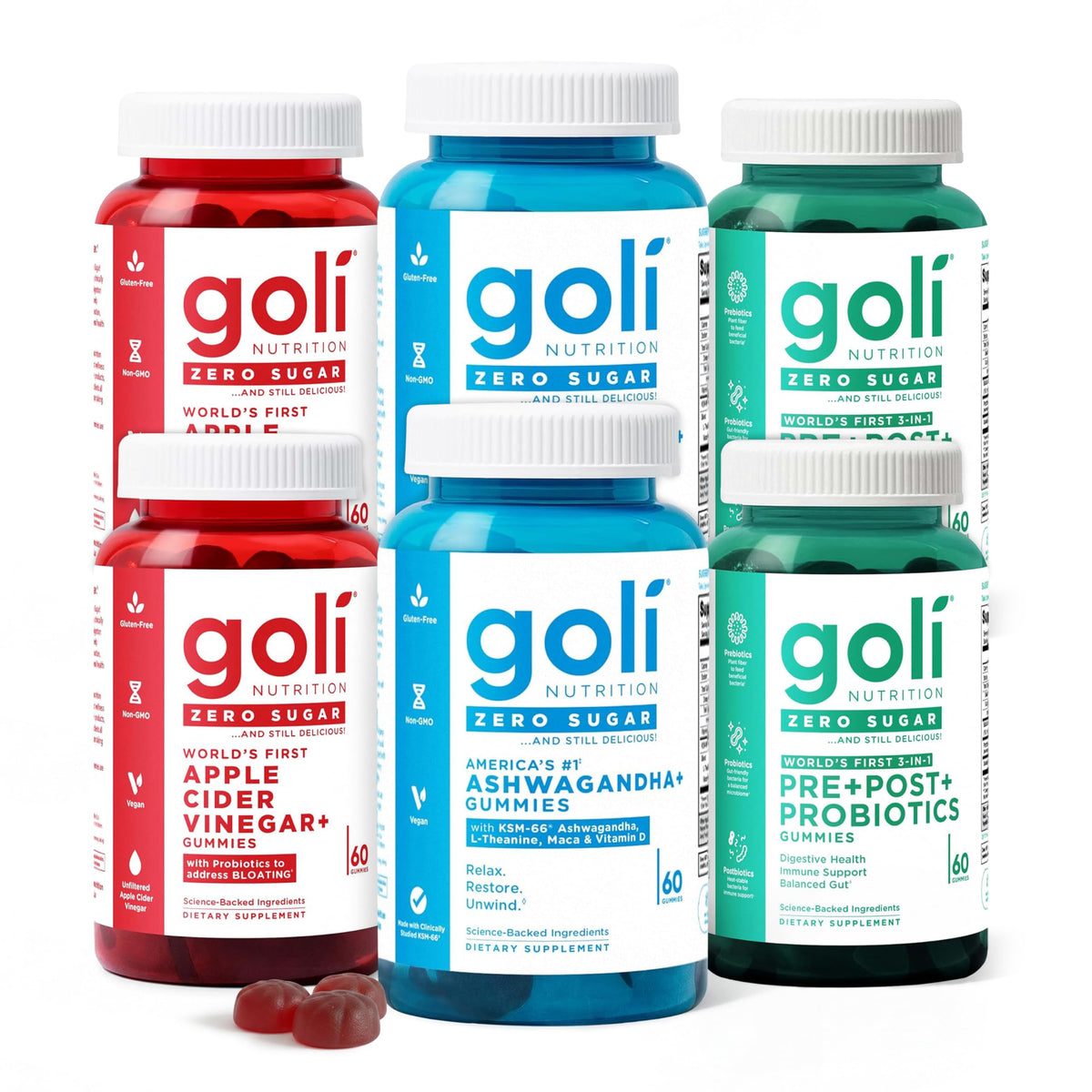 Goli Zero Sugar 6 Pack Bundle - World's First 3-in-1 Pre, Post, Probiotic, Apple Cider Vinegar with Vitamin B12 and Probiotics to Address Bloating, Ashwagandha & L-Theanine, Vitamin D Gummies