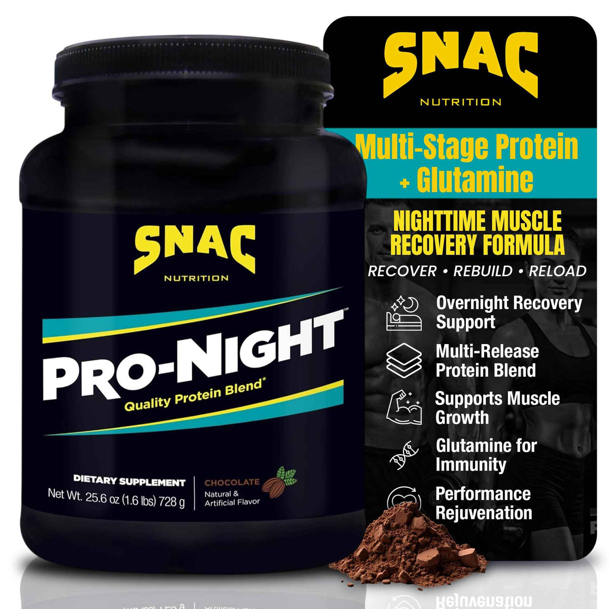 SNAC Pro-Night Protein Powder Blend - Quality Protein Powder for Men and Women, Nighttime Recovery, High Protein Supplement, Supports Muscle Repair, 26g Protein per Serving, Chocolate Flavor, 1.6 lbs