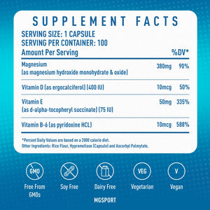 MGSPORT Magnesium Supplement 380mg - High Absorption Magnesium Complex Formula with Vitamins B6, D, E - Supports Muscle Function and Sleep Quality - 100 Servings MgSport buy supplements Au